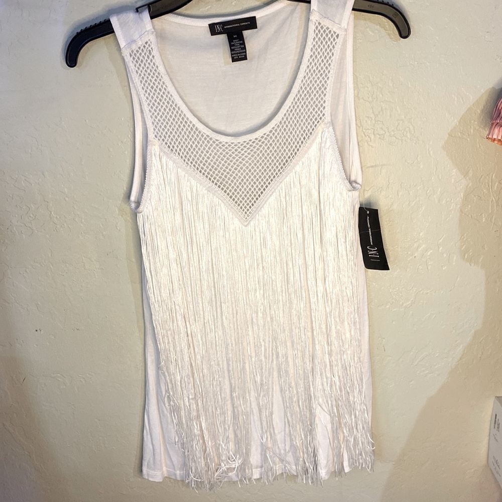 Women’s INC MESH NET FRINGE WHITE TANK TOP DRESSY sleeveless summer top
